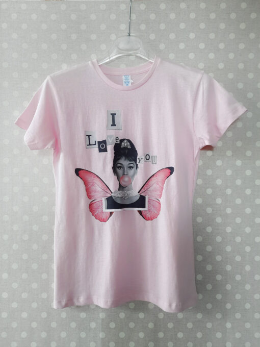 t-shirt girocollo in cotone stampa Audrey Hepburn rosa