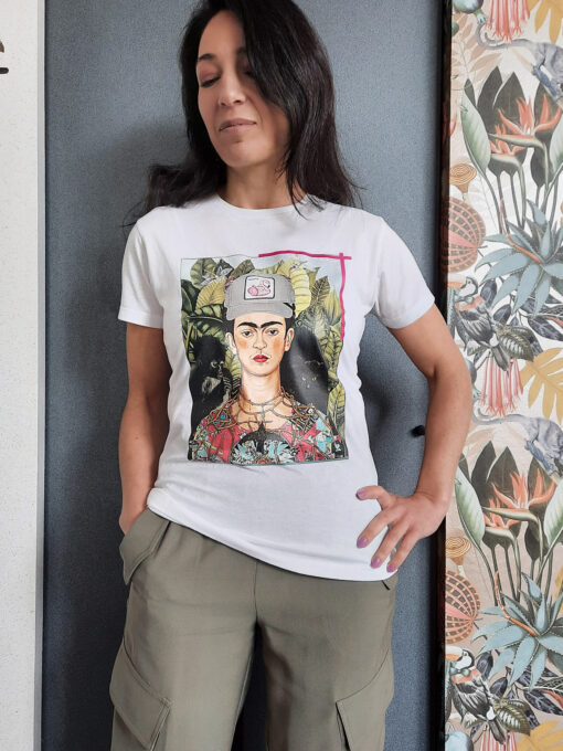 t-shirt girocollo in cotone stampa Frida bianca